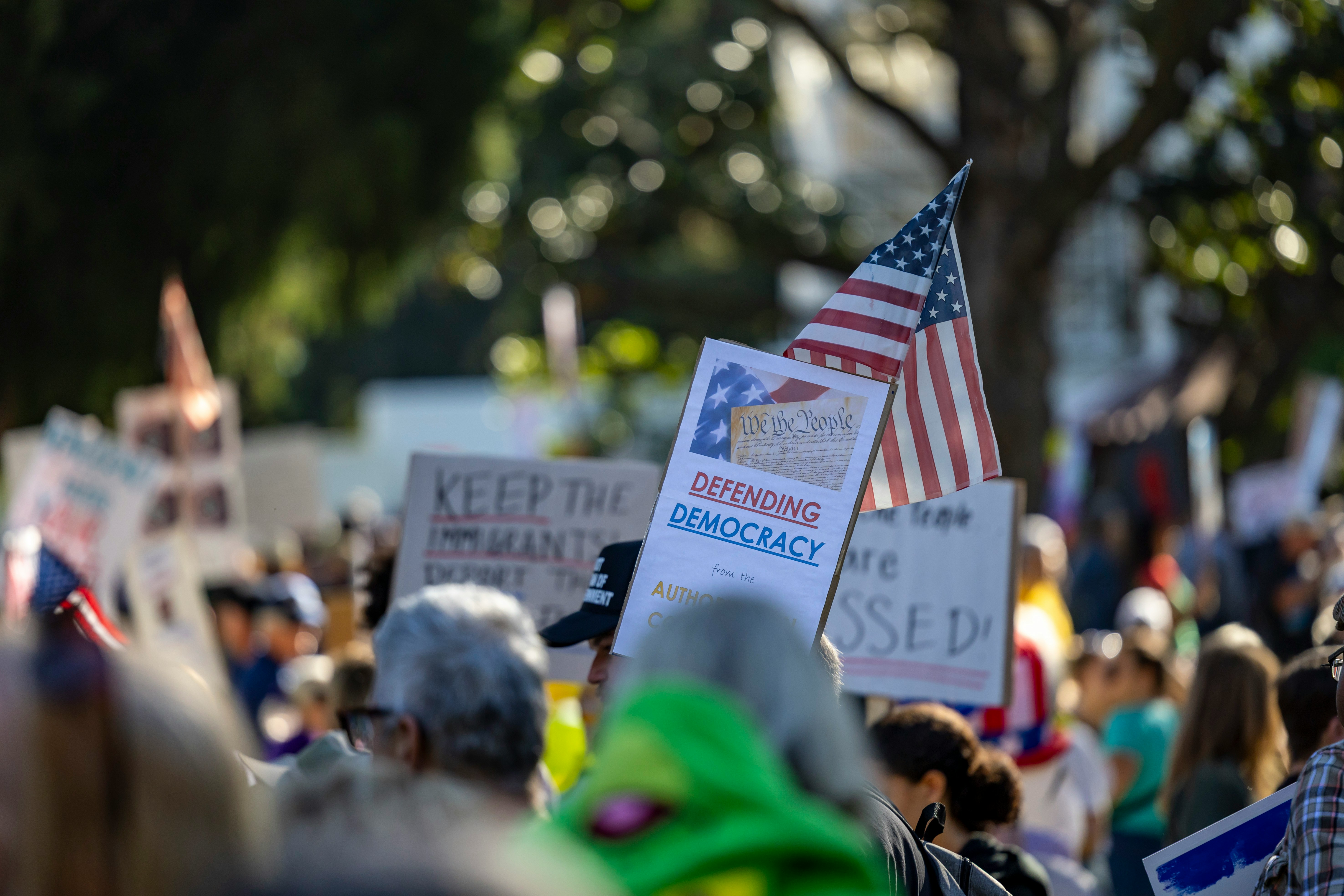 People with American flags at a rally