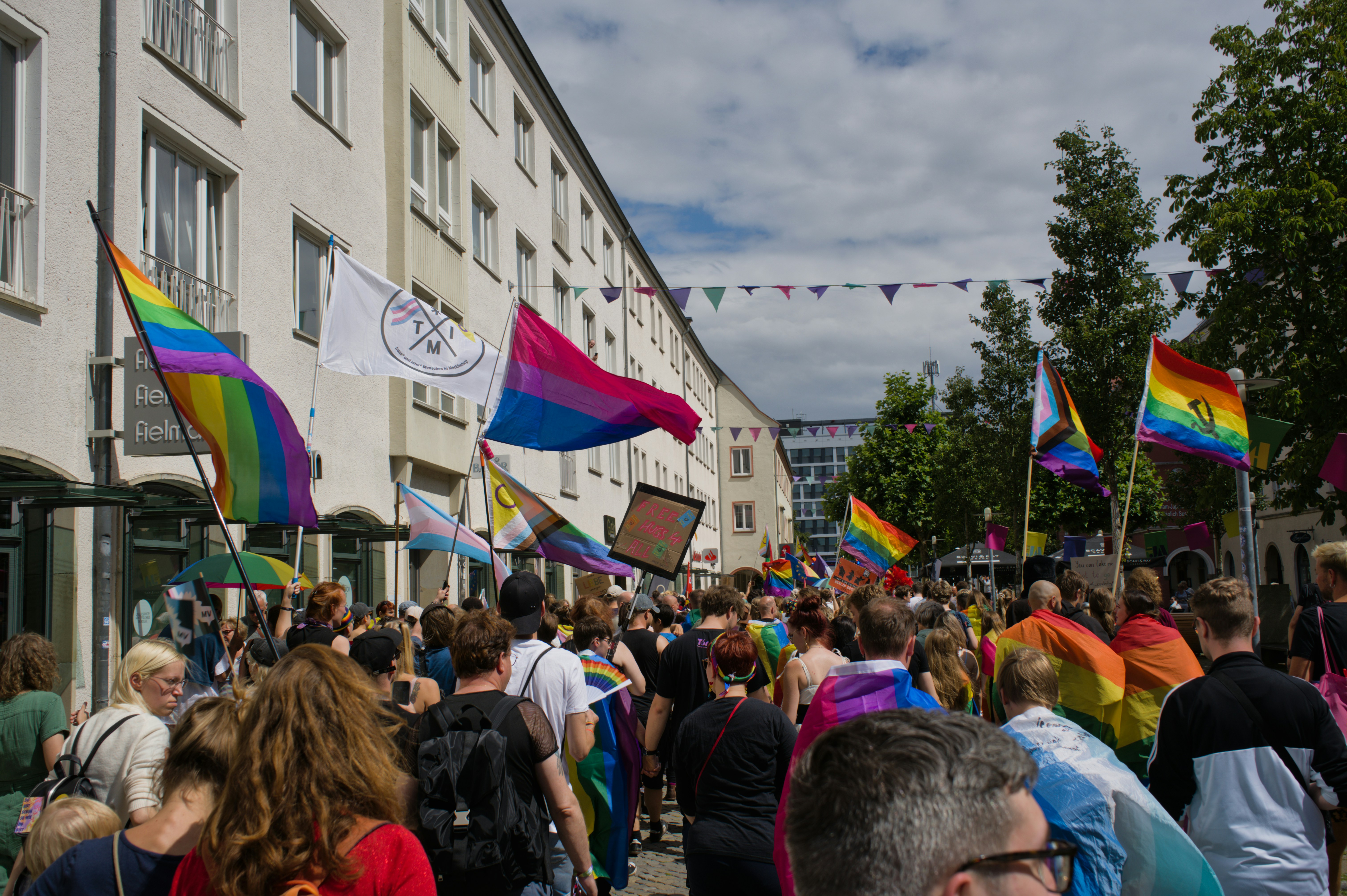 Pride parade with rainbow flags